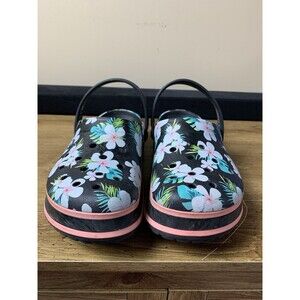 Crocs Clogs Womens 12 Black Pink White Multi Floral Plumeria Tropical Crocband